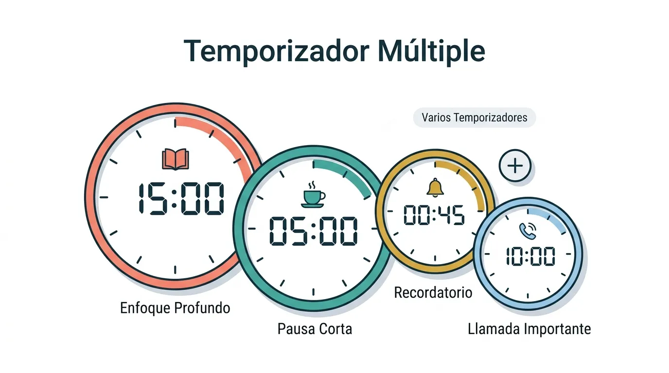 Interfaz del temporizador múltiple online con varias tarjetas de temporizador ejecutándose en paralelo